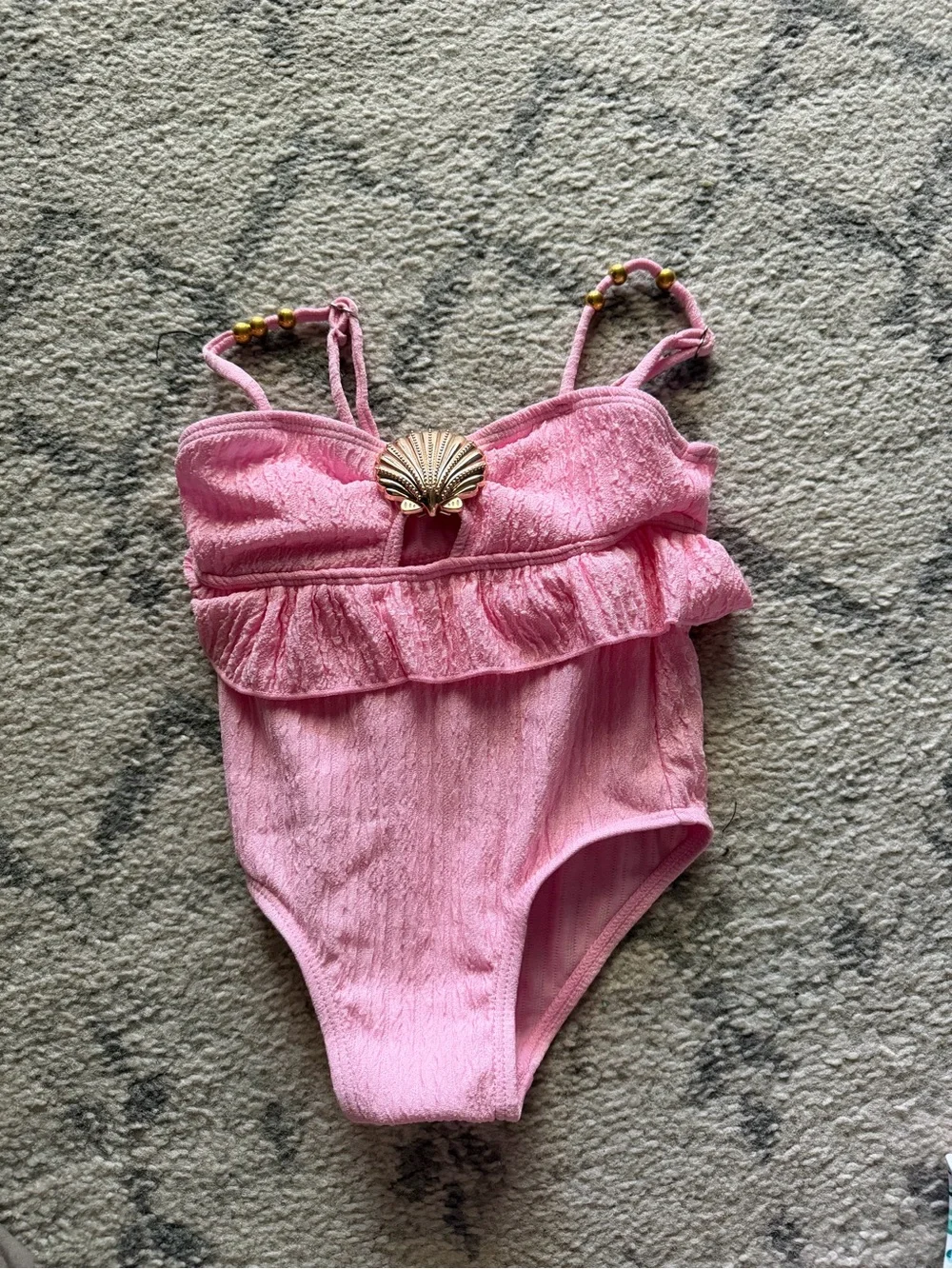SHEIN Pink Ruffle One-Piece Swimsuit with Shell Charm